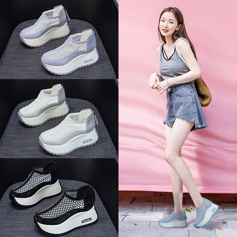Giày sandal nữ đế dày tăng chiều cao mũi tròn lưới thoáng khí phong cách thể thao — M2839 màu xanh lam, M2839 màu be, M2839 màu đen, M2839 màu tím