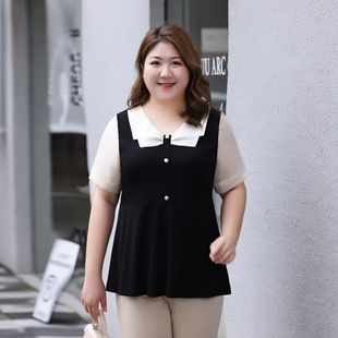 Plus Size Women's Short-Sleeved Tops Women's New Fat mm Loose Bow Age-Reducing Versatile V Neck Chiffon Top
