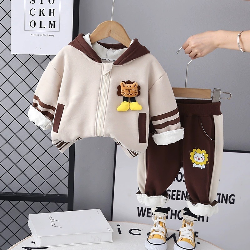 2025 新秋韓国風子供スーツフード付きライオン長袖服 2 点セット男の子カジュアル子供服トレンド|undefined