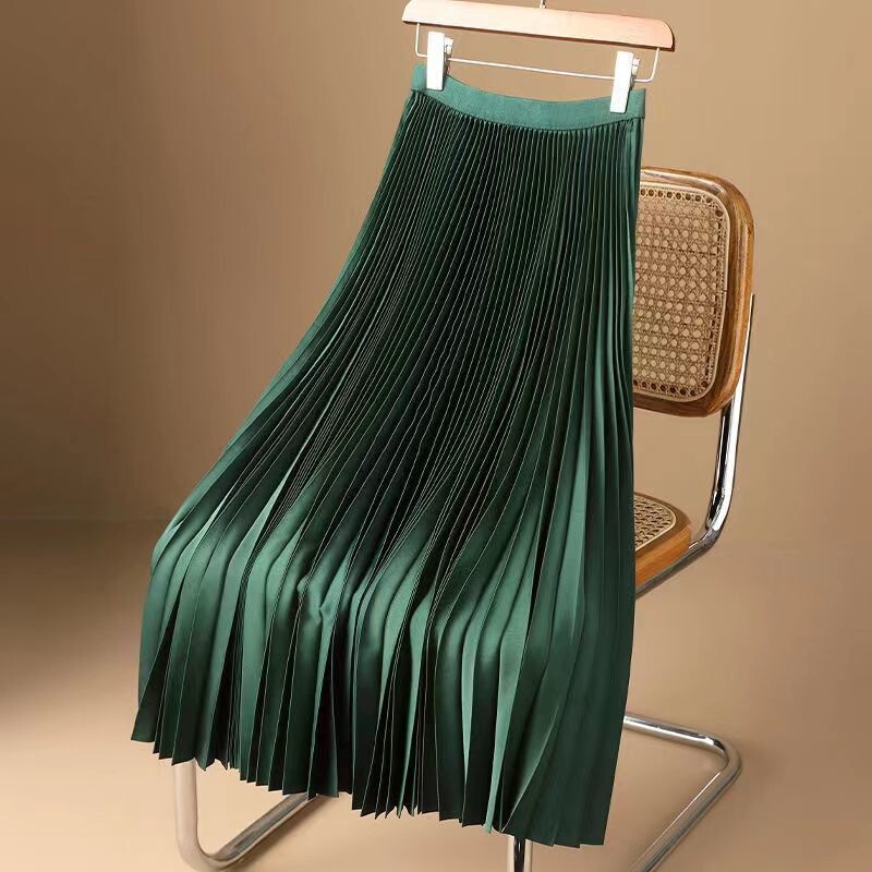 Cross-border satin high-end solid color pleated skirt 2026 summer thin mid-length over-the-knee high-waisted A-line skirt