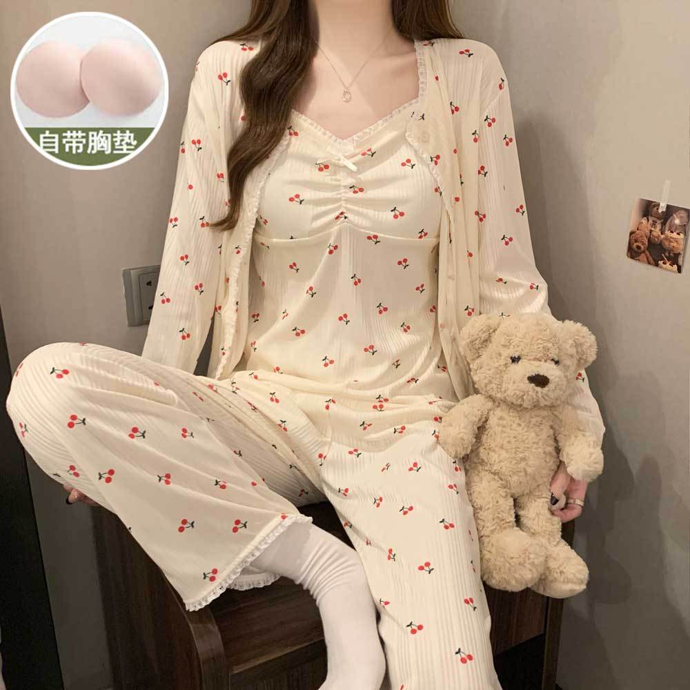 Pijamas de manga larga de las mujeres pantalones de suspensión conjunto de tres piezas con almohadilla en el pecho puro deseo estilo coreano dulce floral ropa para el hogar primavera y otoño