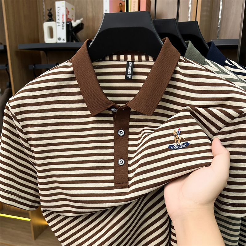 Cross-Border Foreign Trade Striped Printed Short-Sleeve Polo Shirt for Men, Summer Middle-Aged Loose Fit Dad Style T-Shirt Top
