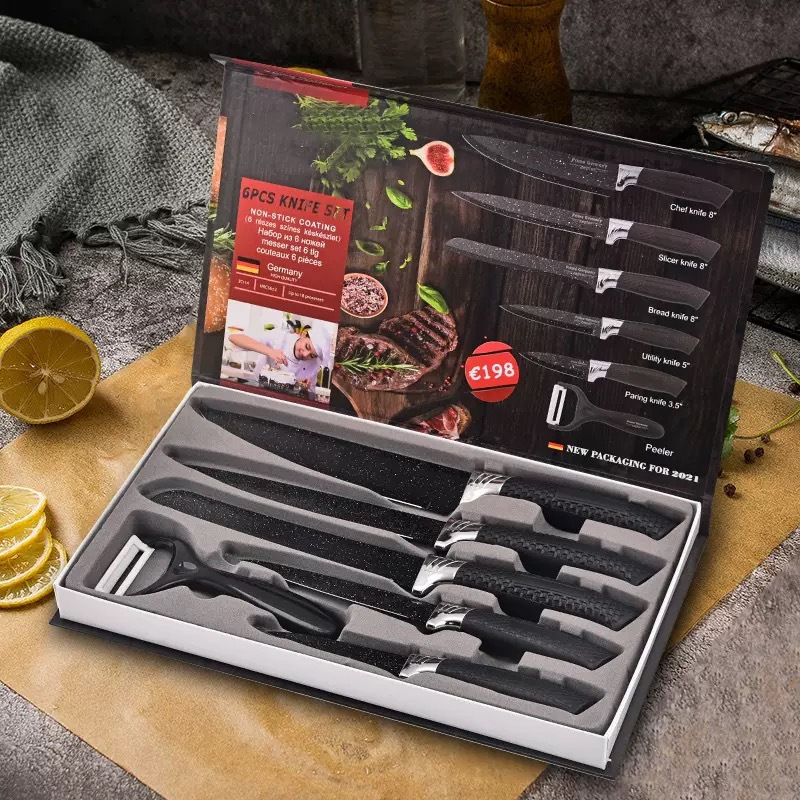 Factory Direct Sales Six-Piece Kitchen Knife Set with Starry Sky Spray Paint and Mesh Handle, Made of Maifan Stone Stainless Steel for Home Use