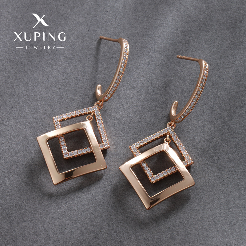 Pendientes de temperamento de circón cuadrilátero de doble capa en forma de diamante geométrico de nuevo estilo Xuping, diseño de nicho, pendientes de personalidad de moda