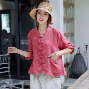 Yoga tops taichi clothing  for women Literary and simple pure color Buckle Women's cotton and linen long-sleeved shirt loose top women
