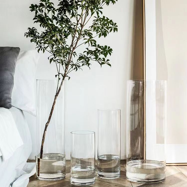 Piso de la sala de estar transparente jarrón de vidrio recto al por mayor flores borracho madera bambú rico florero grande hidropónico despertar Cubo de flores