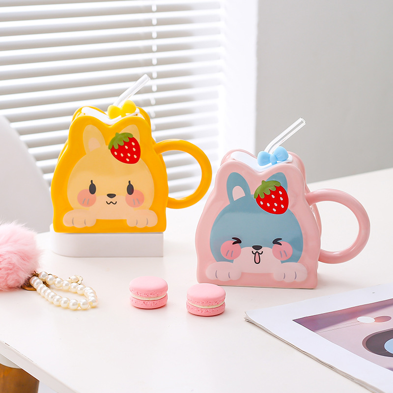 Taza de paja de cerámica creativa de dibujos animados lindo conejo taza Rosa chica corazón gran capacidad pareja taza de agua