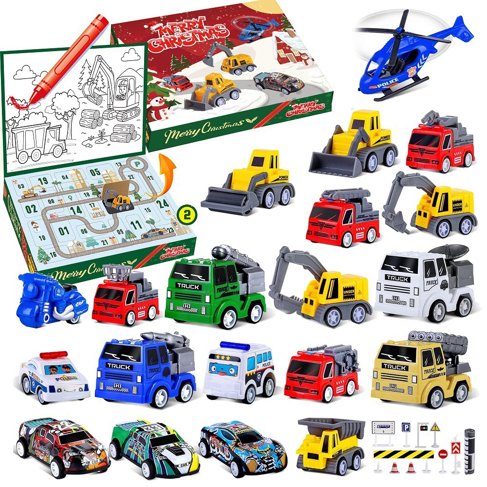 Bloques de construcción transfronterizos Calendario navideño Caja ciega Cuenta atrás 24 cuadrículas Coche de bricolaje para niños Bloques de construcción de dinosaurios Caja ciega rasgada a mano
