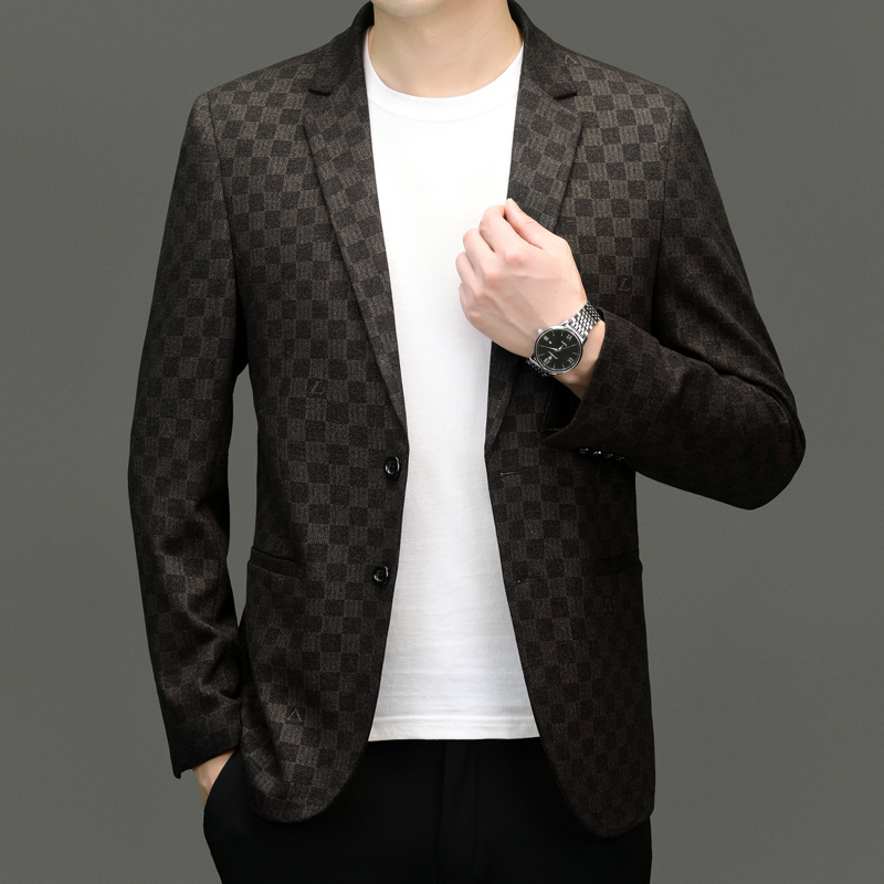 时尚休闲男士西装2026春秋新款中青年商务格子潮流百搭西服男外套