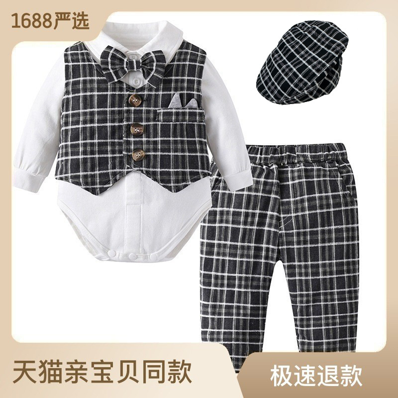 Baby Dress Suit Autumn New Men's Baby Long-sleeved Bow-tie Four-piece Set European and American-style One-year-old Clothing