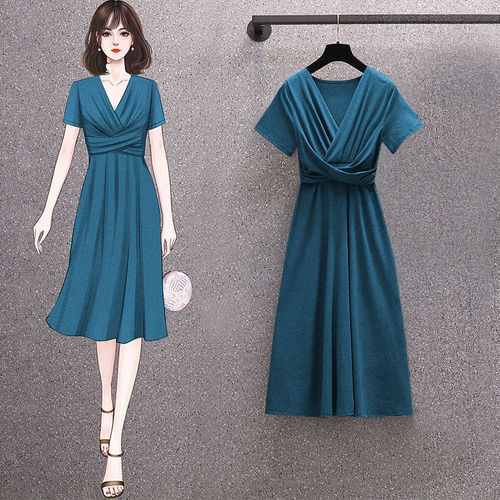 Women's Large Size Summer 2025 Charming Slimming Stylish Pleated Solid Color Simple Medium Length Dress