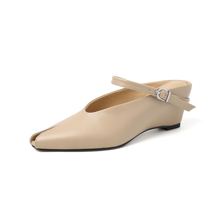 Sandal nữ hở mũi gót nêm cao da bò tăng chiều cao quai ngang — màu đen, màu trắng, màu mơ chi tiết 104