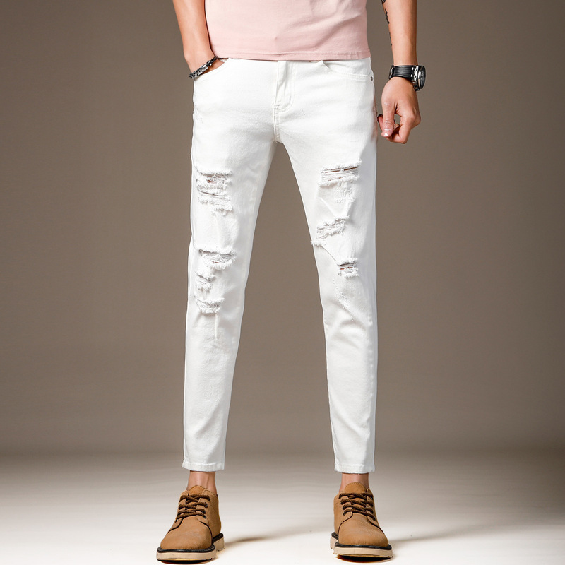 Spring and Autumn New White Ripped Cropped Pants for Men, Slim Fit, Korean Style, Stretch Denim, Men's Distressed 9/10 Pants Spring and Autumn New White Ripped Cropped Pants for Men, Slim Fit, Korean Style, Stretch Denim, Men's Distressed 9/10 Pants