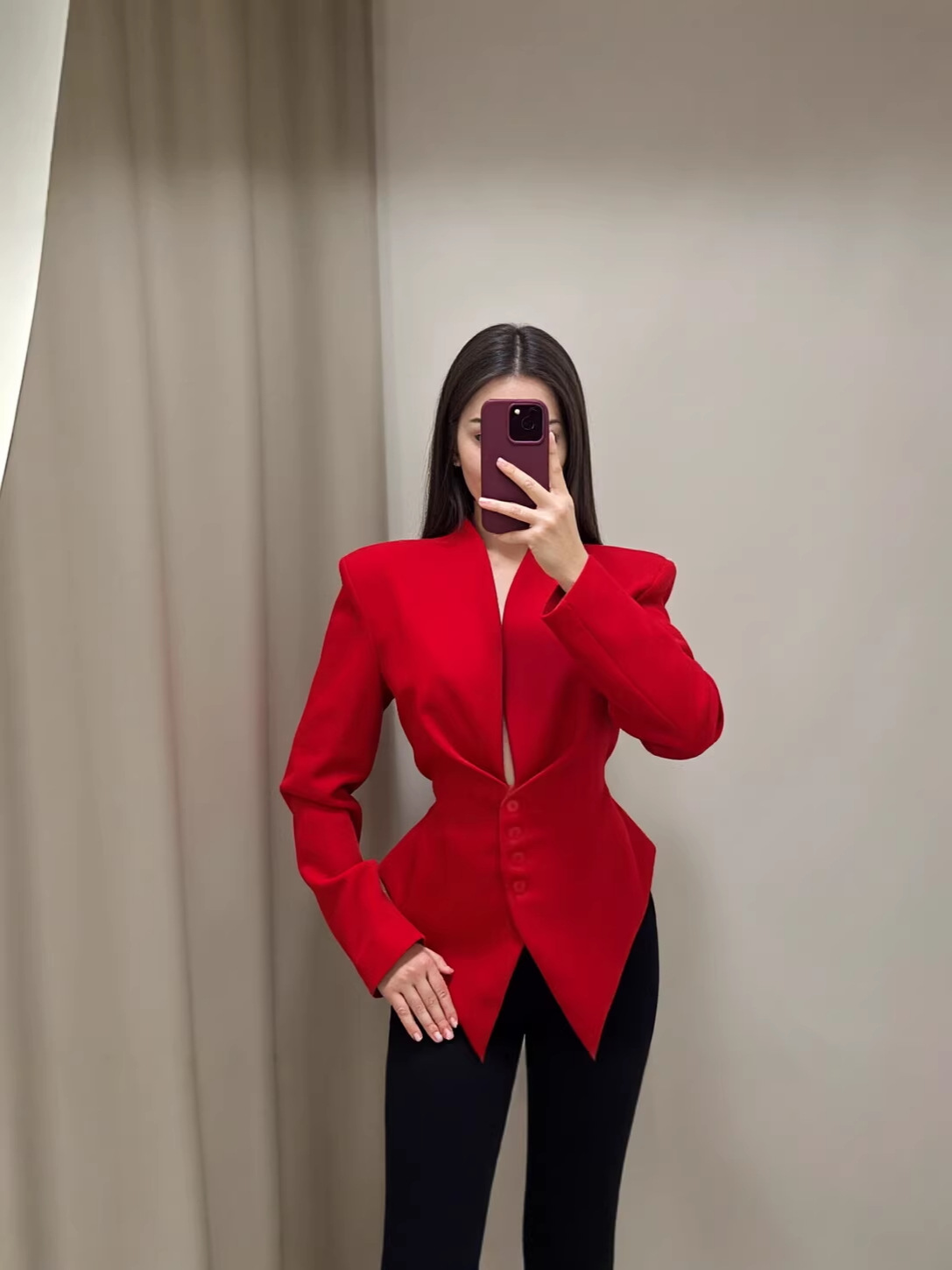 Qadın V-yaxalı asimmetrik blazer, beli bağlı