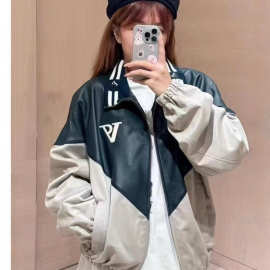 原标高版本驴家    新款混合皮革嵌花标识珠饰拉链学院风男女夹克