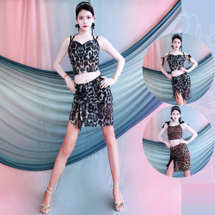Latin Dance Spring and Summer Kidsren's Performance Clothing Kidsren's Competition Grade Examination Dance Practice Clothing Girls Leopard Print Suspender Suit Skirt