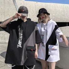 跨境一件代发夏季连帽薄款短袖大码男装卫衣男潮牌带帽宽松上衣加