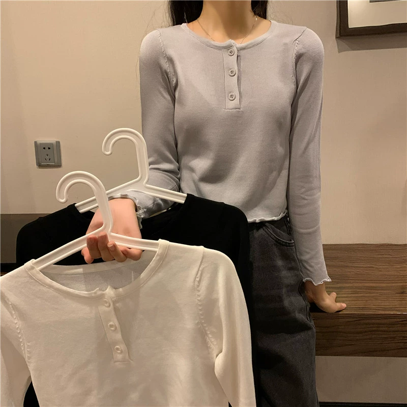 Ранняя осень, универсальный однотонный облегающий свитер с тонким низом и грибком