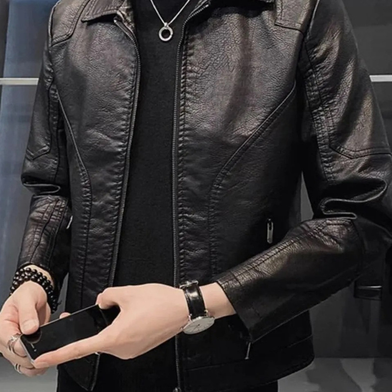 Haining Leather Jacket for Men, Fashionable Casual Turn-Down Collar Slim Fit Korean Style Trendy 2025 New Spring and Autumn Leather Jacket with Fleece Lining