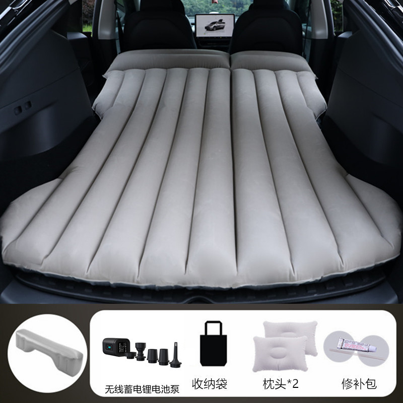 Vehicle-mounted inflatable bed — Shiyong Sleeping Pad Folding - gray-tesla-model-y-with-black-wireless-battery-pump-long-stool