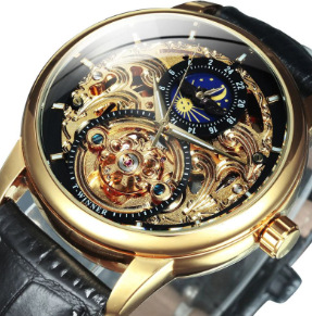 Forsining hombres de moda hueco-hacia fuera transparente reloj mecánico automático reloj de los hombres reloj de la correa ocasional