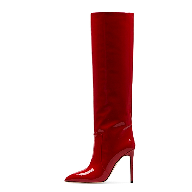 2022 Autumn and Winter High Heel Pointed Toe Patent Leather Knee-High Women's Long Boots European and American Large Size Shoes 47 Women's Boots