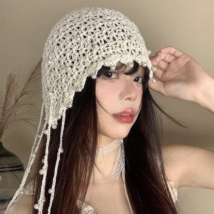 波西米亚风针织套头帽镂空珍珠流苏吊坠包头帽女夏季复古显脸小帽|undefined