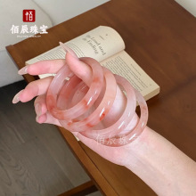 天然粉色金丝玉石手镯佘太翠桃花酿少女甜妹镯子粉色圆条直播货