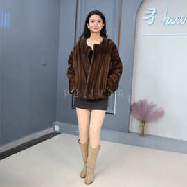 进口水貂皮草女整貂母貂全抽圆领短款外套貂皮大衣年轻