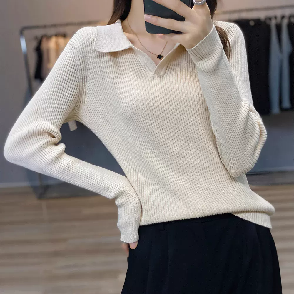 纯棉针织打底衫女春秋内搭polo领修身套头毛衣不起球全棉线衣女