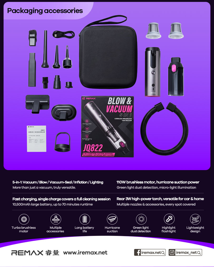 REMAX Rui Liang car-mounted, cordless, brushless vacuum cleaner with integrated blowing and suction functions, featuring a built-in light and long battery life for convenient portability