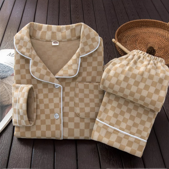 Pijamas de ternilla caliente para niños niñas primavera y otoño invierno set de ropa de casa para niños cuello casual de cuadrícula ropa de casa