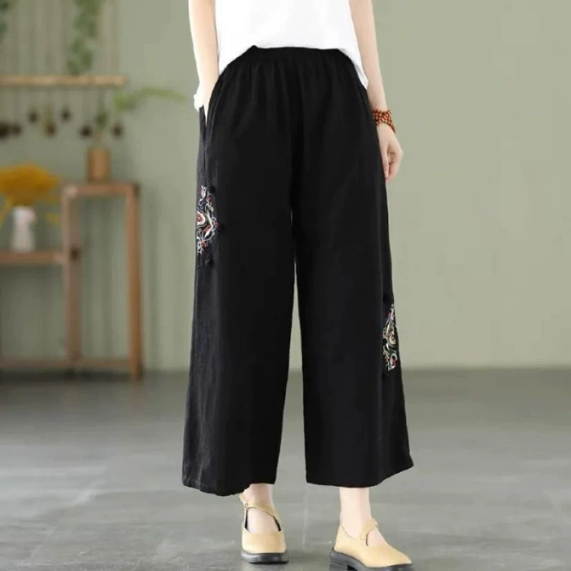 Весенне-летние однотонные свободные прямые широкие брюки из хлопка и льна с вышивкой в ​​стиле ретро в этническом стиле с эластичной резинкой на талии 100kg для женщин, тонкий стиль