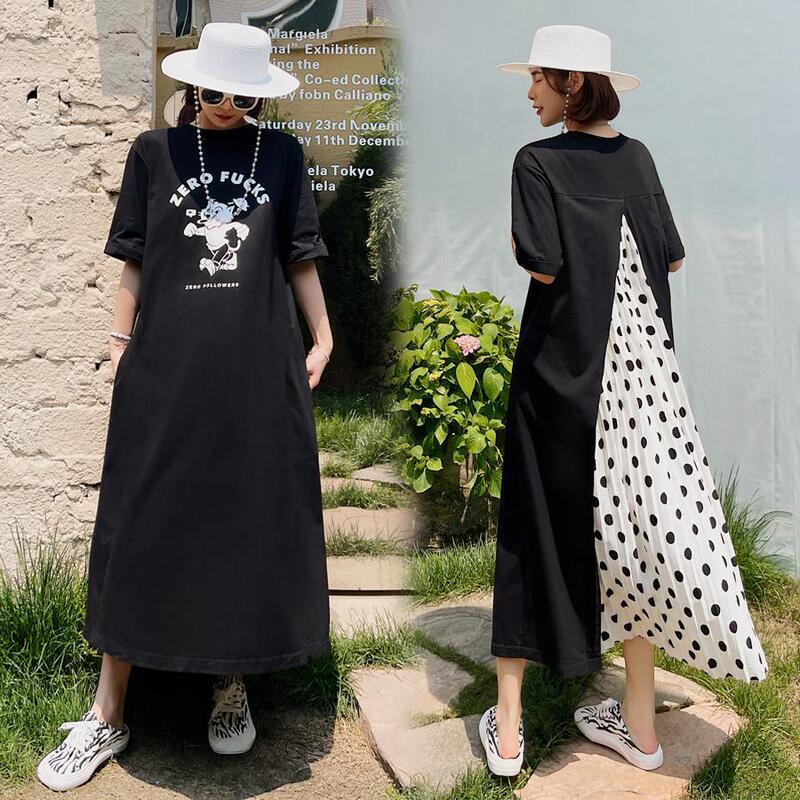 Summer plus size 300 Jin Super Long Over-the-knee T-shirt Skirt Loose Korean Fashion Stitching Wave Dot Chiffon dress