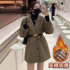 西装外套女2025新款加厚加棉西服秋冬束腰穿搭时尚腰带中长款外套