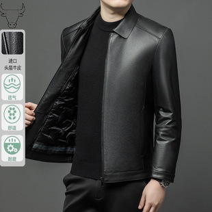 Haining Genuine Leather Jacket Men's Lapel Autumn and Winter New Business Casual Duck Leather Men's Cowhide Jacket for Men