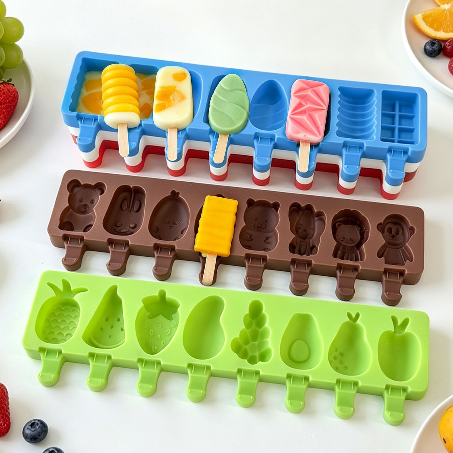 Cross-Border New 8-Piece Ice Cream Silicone Mold DIY Household Geometric Fruit Animal Ice Cream Popsicle Mold