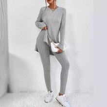 欧美时尚休闲2023新款长袖开叉不规则圆领衫松紧高腰小脚长裤套装