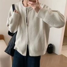 简约韩系风针织衫女开衫圆领双拉链休闲纯色百搭2025秋冬毛衣外套