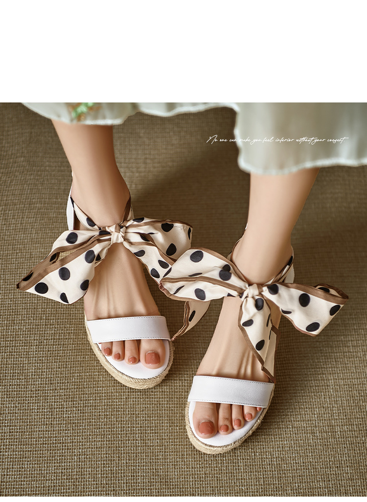Sandal cao gót nữ hở mũi đế xuồng đan rơm, phối nơ và chấm bi — màu trắng, màu mơ chi tiết 13