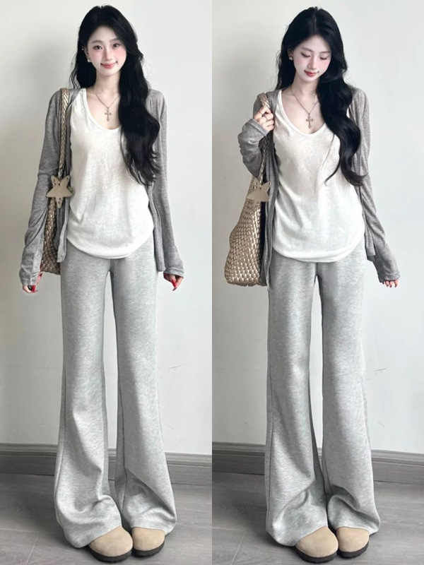 灰色微喇运动裤女款2025新款高腰显瘦马蹄裤小个子休闲阔腿喇叭裤|undefined