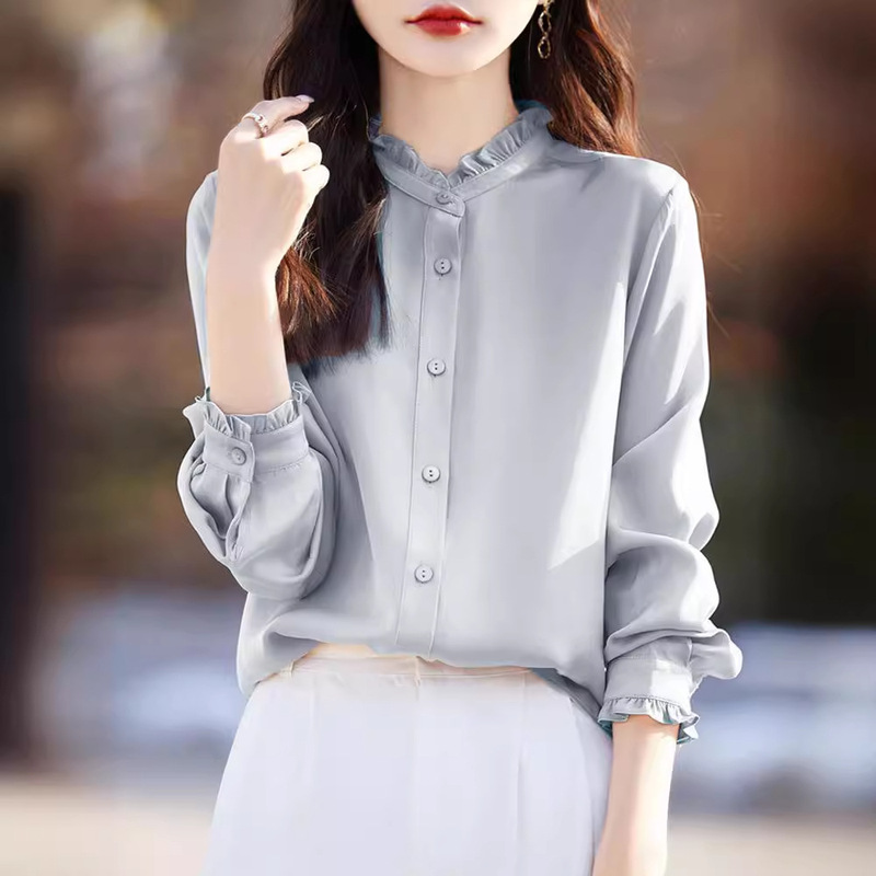 25 Years of Spring & Fall Design Lace Stand-Up Collar Long-Sleeved Shirt Fashionable Loose Inner Bottoming Top Women's Shirt French Style