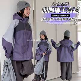 女童2026秋季新款套装紫灰85冲锋衣外套92儿童休闲洋气外套，裤子