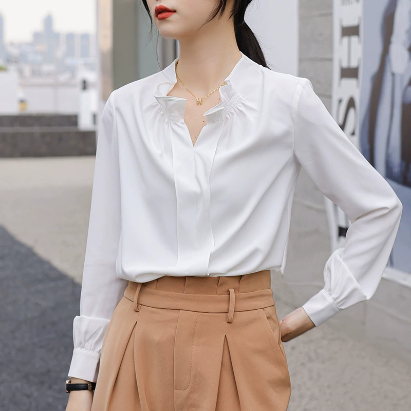 Белая французская рубашка женский 2023 осень новый длинный рукав с V-образным вырезом тонкий шифоновый топ с полуоткрытым воротником
