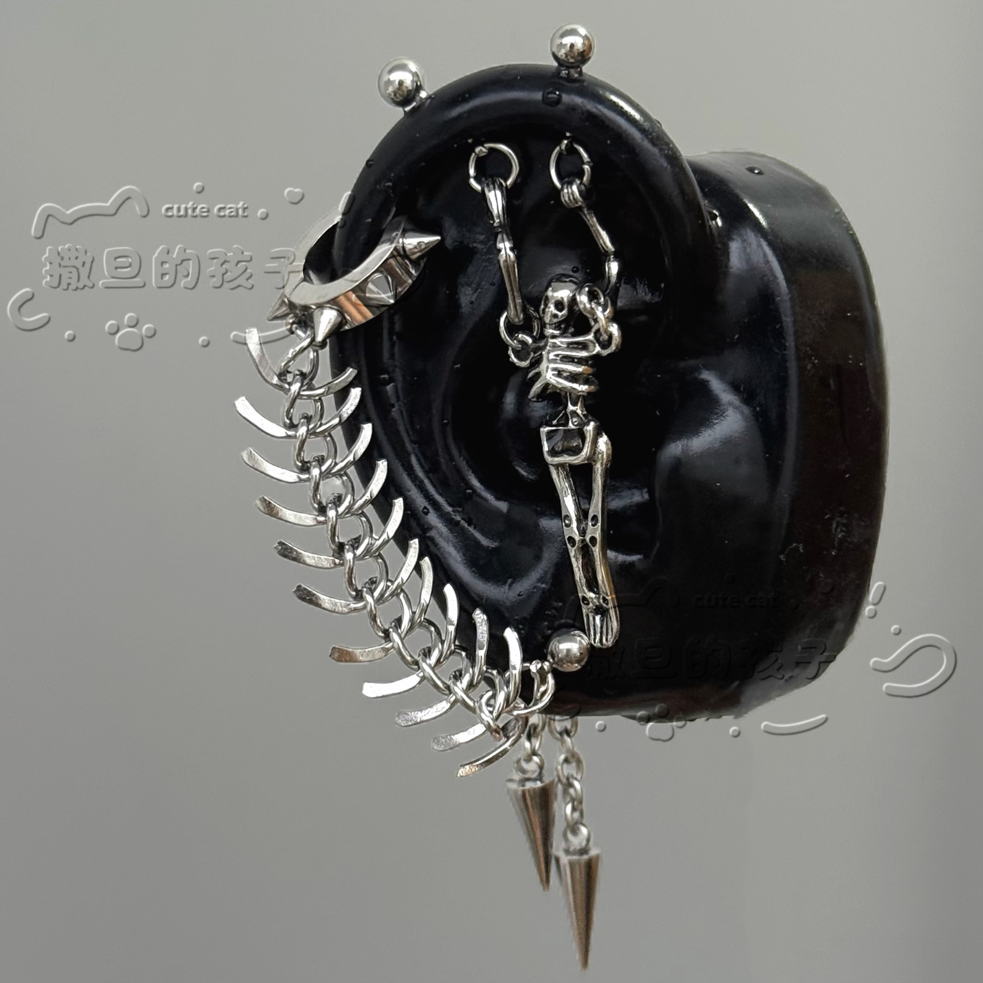 Satan's Child Gothic Skull Chain Bone Piercing Earring Titanium Steel Earring Dark Cyberpunk Style detail image 8