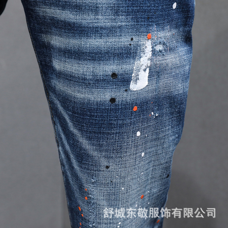 Estación europea moda nueva rasgado raspado bordado hombres slim fit skinny straight juventud micro elástico marca de moda de mezclilla