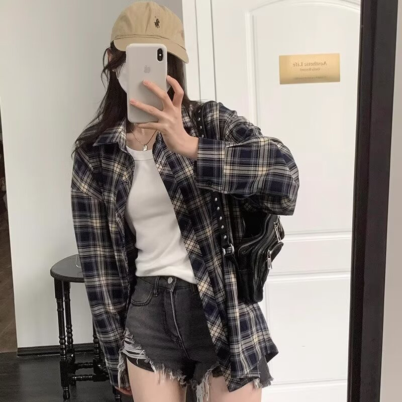 美式复古格子衬衫外套女长袖秋冬新款设计感小众宽松休闲上衣衬衣|undefined