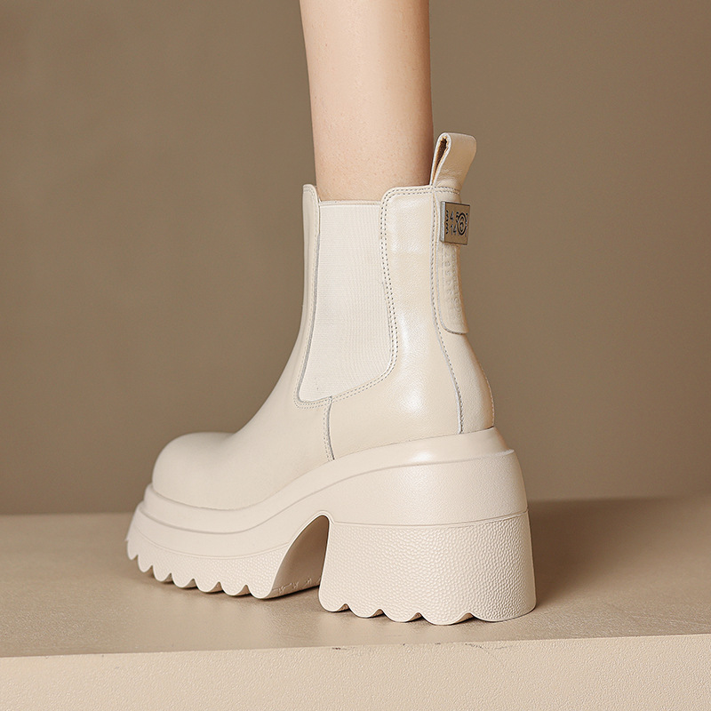 Boot Chelsea nữ da thật đế dày platform gót cao 9 cm mùa thu đông 2025 — Lớp lót đơn màu be, Lớp lót nhung đen, Lớp lót nhung màu be, Lớp lót đơn màu đen