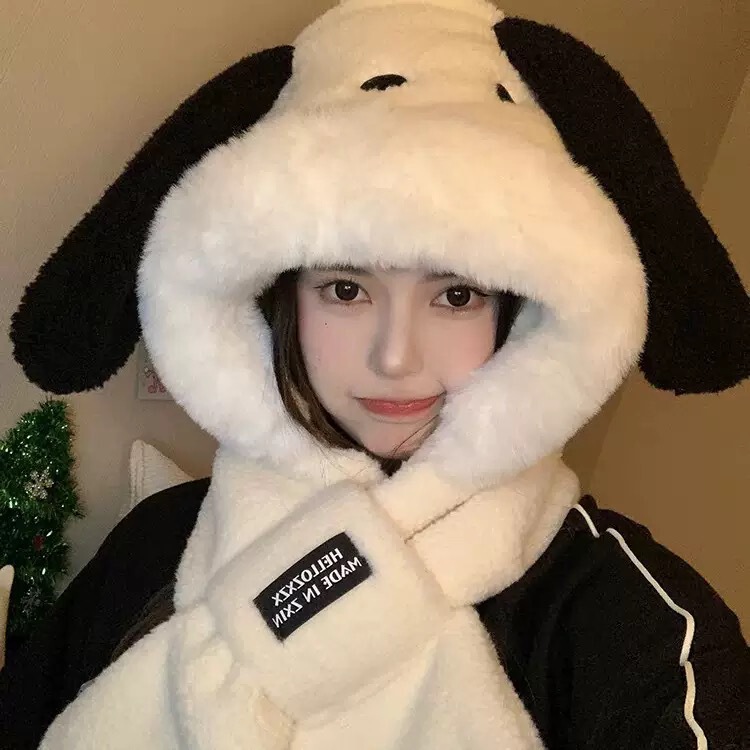 新款防风保暖帽可爱小狗帽子围巾两件套女冬季百搭围脖连帽加绒加|undefined