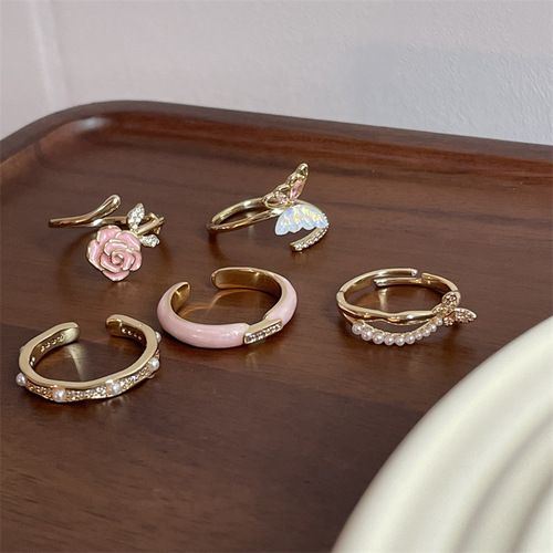 Flower, pearl, enamel and row of diamonds, girl's ring, butterfly decorative ring, female niche design, high-end exaggerated index finger